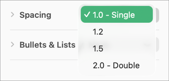 القائمة المنبثقة التباعد مع الخيارات مفرد، ومزدوج، والخيارات الأخرى.