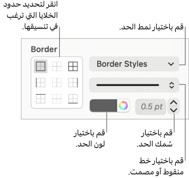 عناصر التحكم الخاصة بتطبيق أنماط حدود الخلايا.