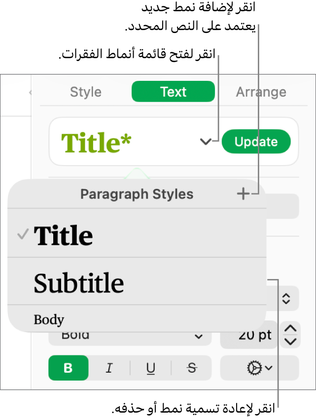 قائمة أنماط الفقرة، تظهر بها عناصر تحكم لإضافة نمط أو تغييره.