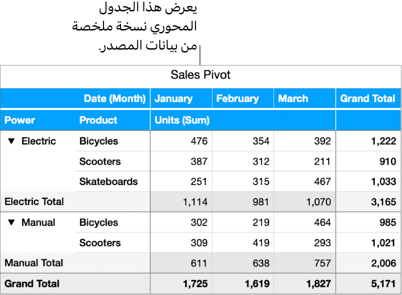 جدول محوري يعرض بيانات ملخصة وعناصر تحكم للكشف عن بيانات معينة.