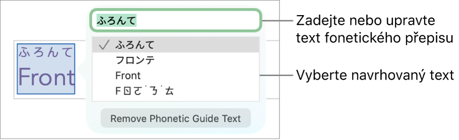Otevřený fonetický přepis slova s popisky u textového pole a navrhovaného textu