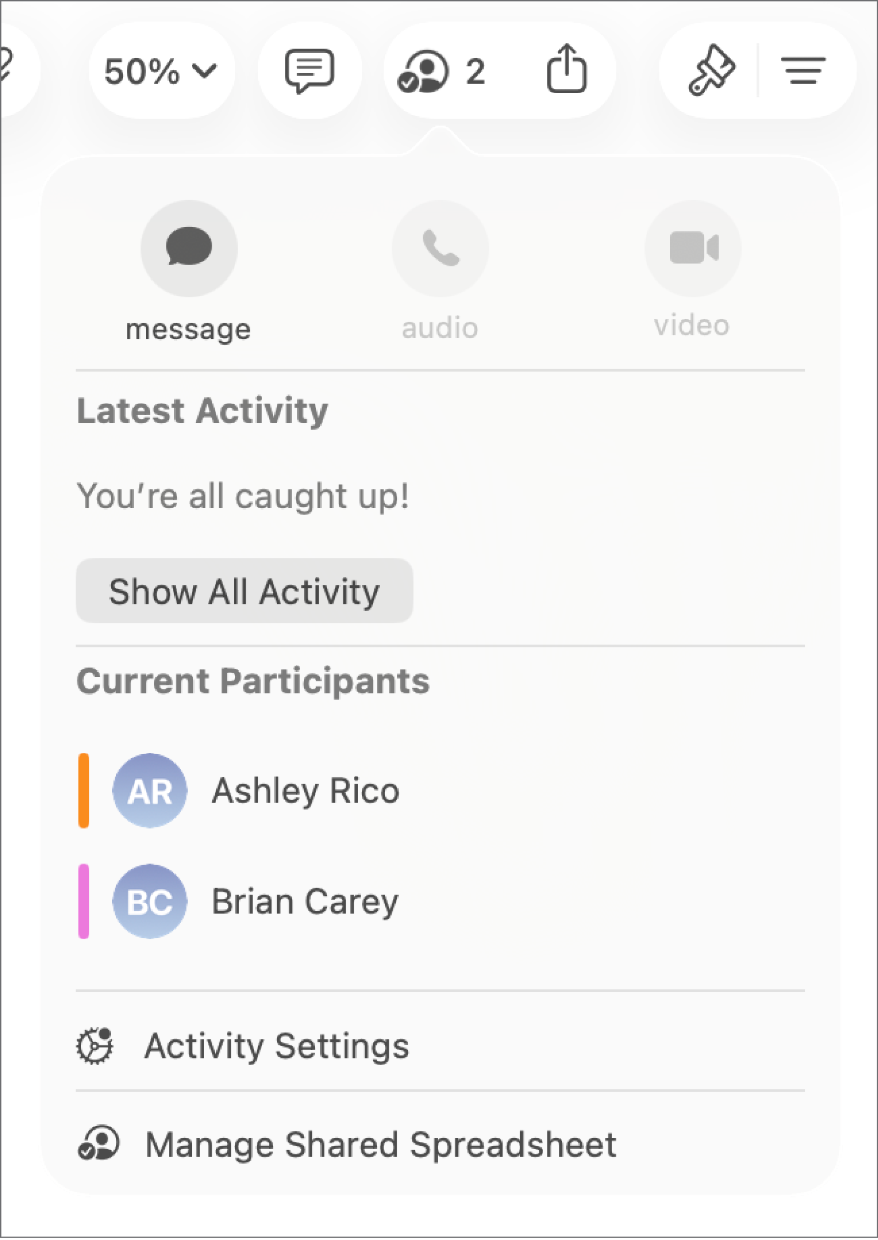 Nabídka spolupráce se zobrazenými jmény uživatelů, kteří na tabulce spolupracují.