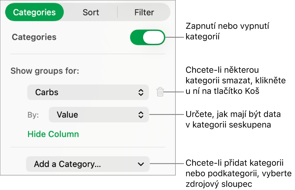 Boční panel kategorií s volbami pro vypnutí kategorií, smazání kategorií, přeskupení dat, skrytí zdrojového sloupce a přidání kategorií