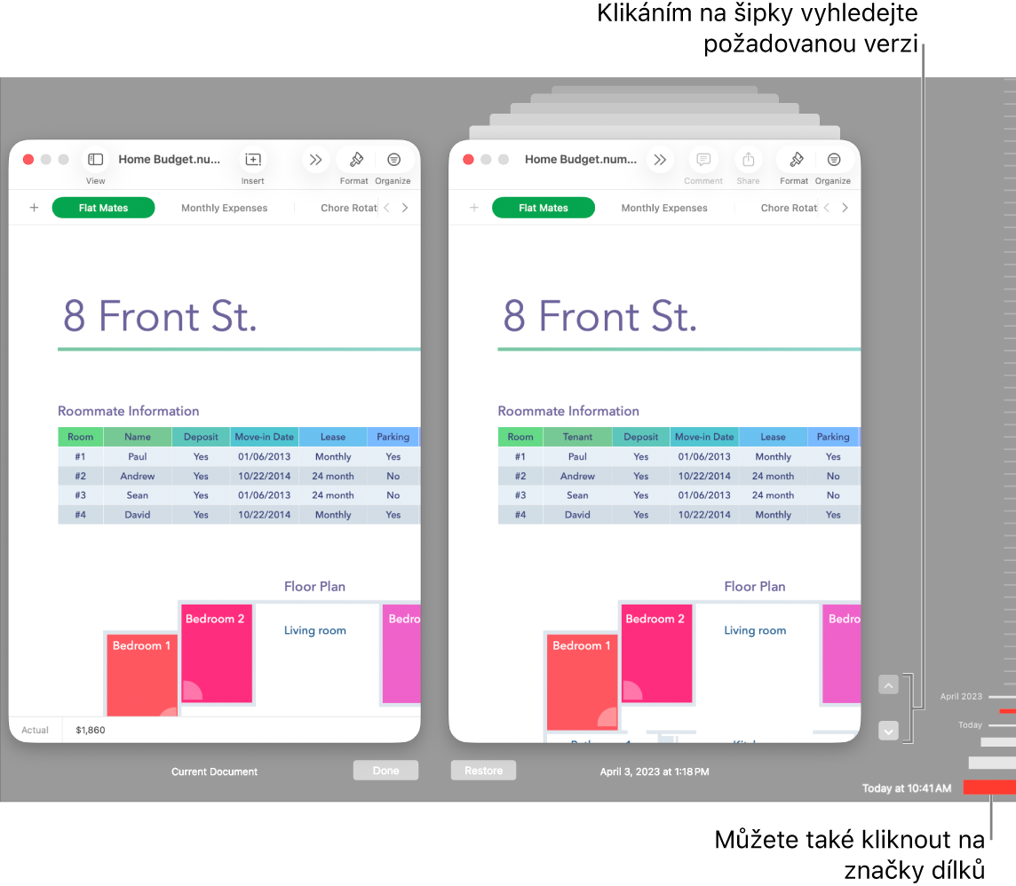 Okno Obnovení s verzemi, které můžete procházet