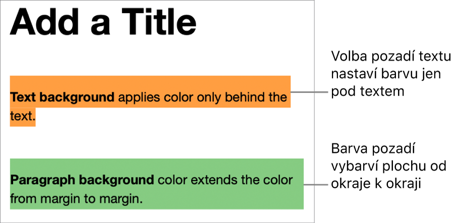 Jeden odstavec s barvou pouze za textem a druhý odstavec s barvou na celém pozadí bloku od okraje k okraji