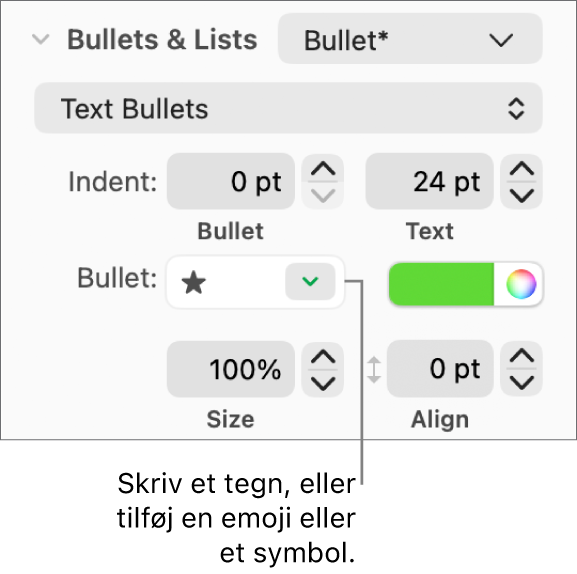 Sektionen Punkter & lister i indholdsoversigten Format. I feltet Punkttegn vises en stjerne-emoji.