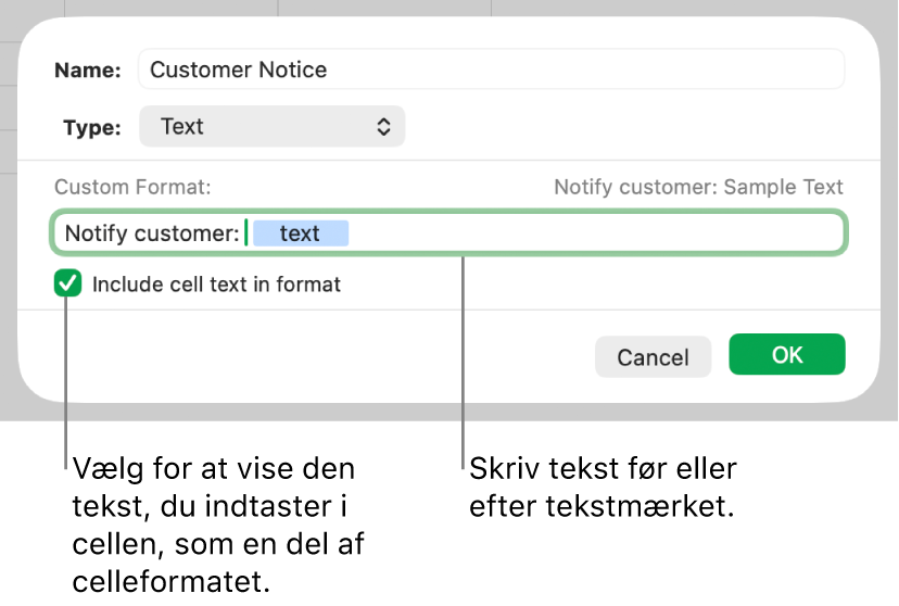 Specielt format til tekstceller.