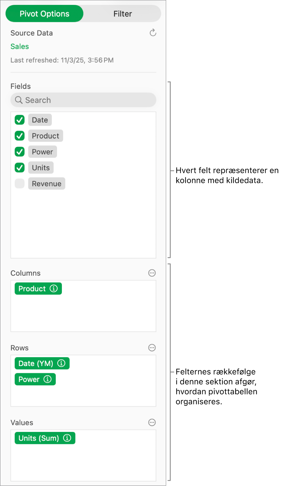 Fanen Pivotindstillinger i indholdsoversigten Organiser viser felter i sektionerne Kolonner, Rækker og Værdier samt betjeningsmuligheder til redigering af felterne og opdatering af pivottabellen.