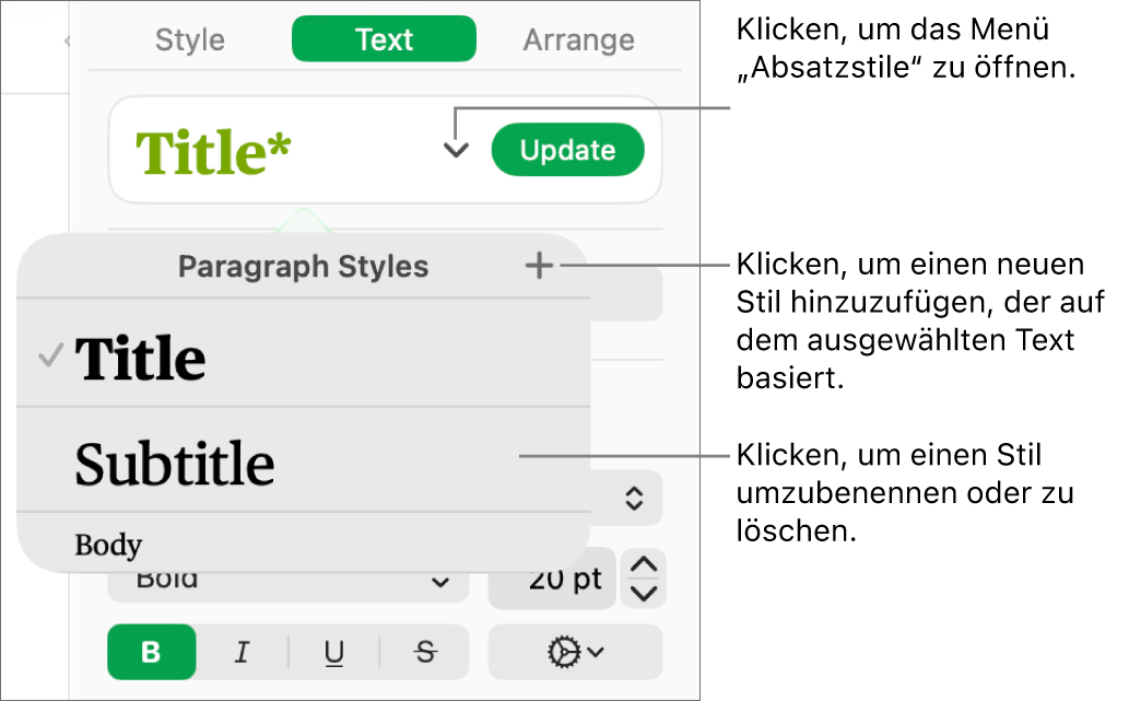 Menü „Absatzstile“ mit Steuerelementen zum Hinzufügen oder Ändern eines Stils.