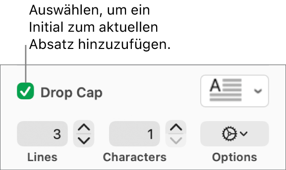 Das Feld „Initial“ ist markiert und rechts davon wird ein Einblendmenü angezeigt; Steuerelemente zur Einstellung der Zeilenhöhe, der Anzahl der Zeichen und weitere Optionen erscheinen darunter.