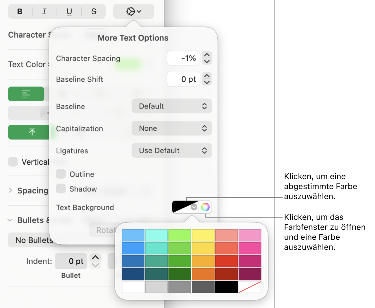 Steuerelemente zum Auswählen einer Füllfarbe für Zeichen.