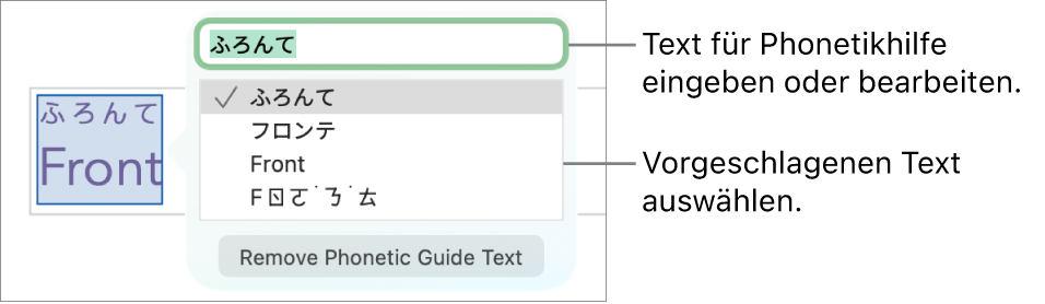 Die geöffnete Phonetikhilfe für ein Wort mit Beschreibungen für das Textfeld und einen Textvorschlag