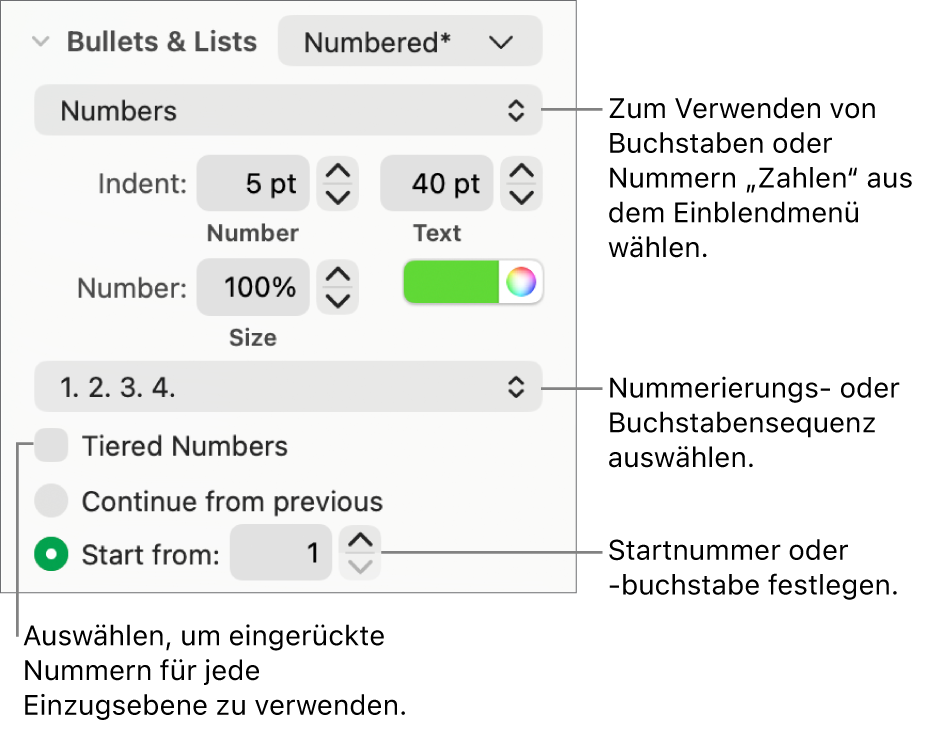 Steuerelemente zum Ändern des Zahlenstils und -abstands einer Liste