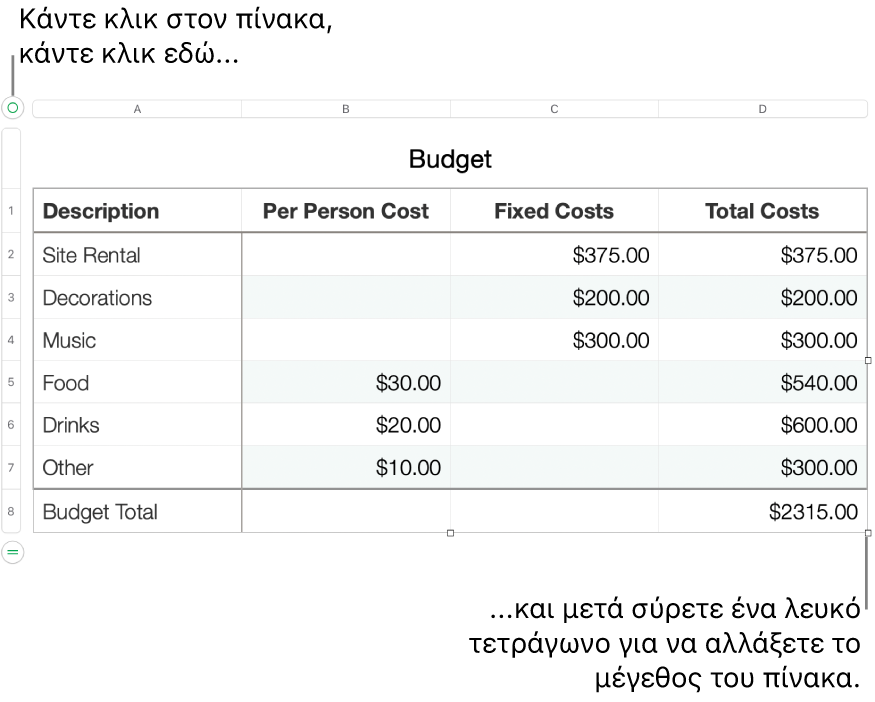 Επιλεγμένος πίνακας με λευκά τετράγωνα για αλλαγή μεγέθους.