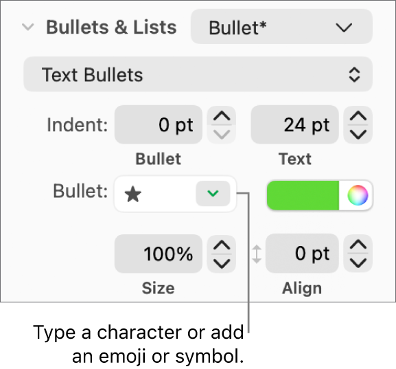 The Bullets & Lists section of the Format sidebar. The Bullet field shows a star emoji.