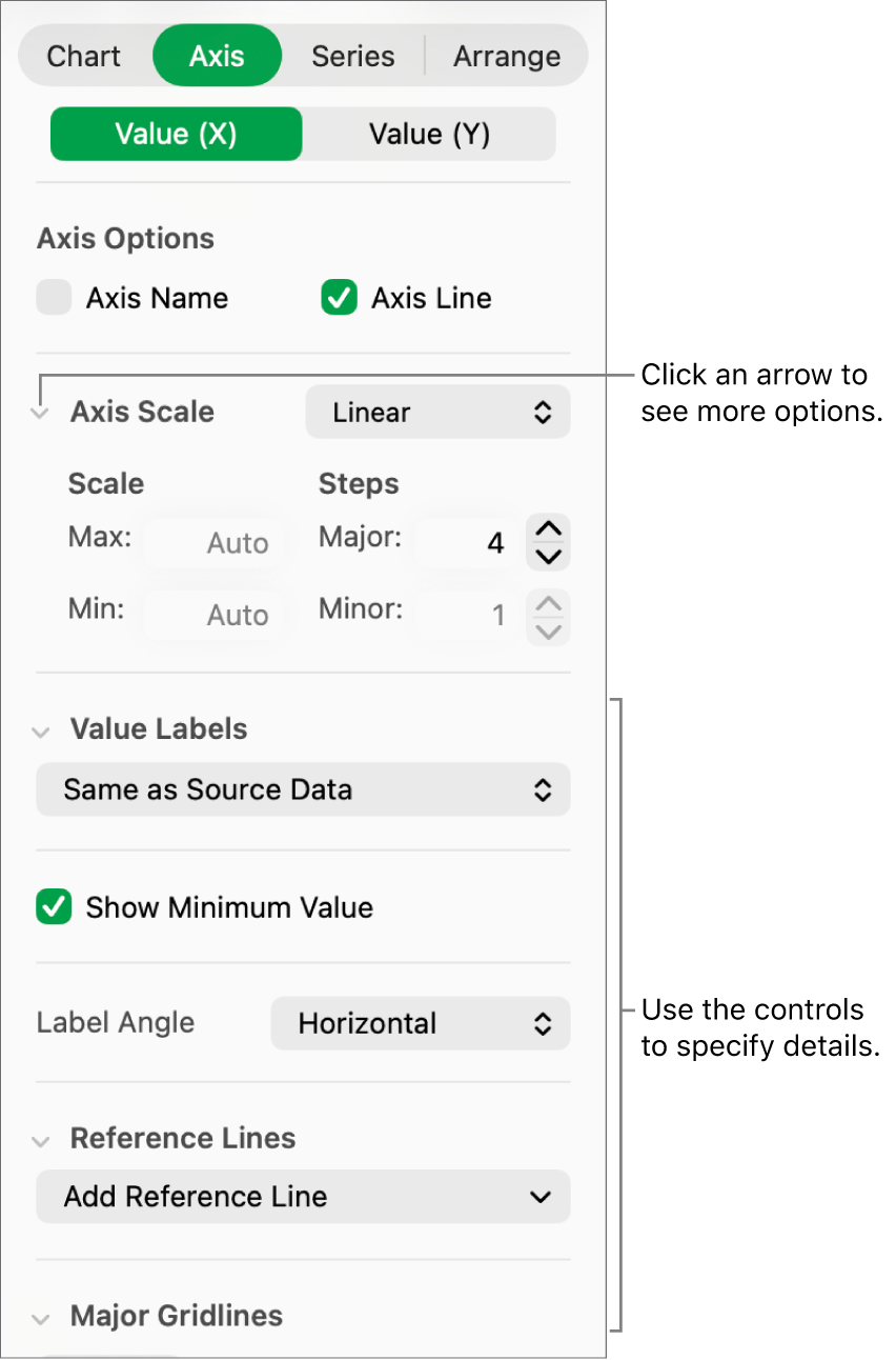 Controls for formatting graph axis markings.