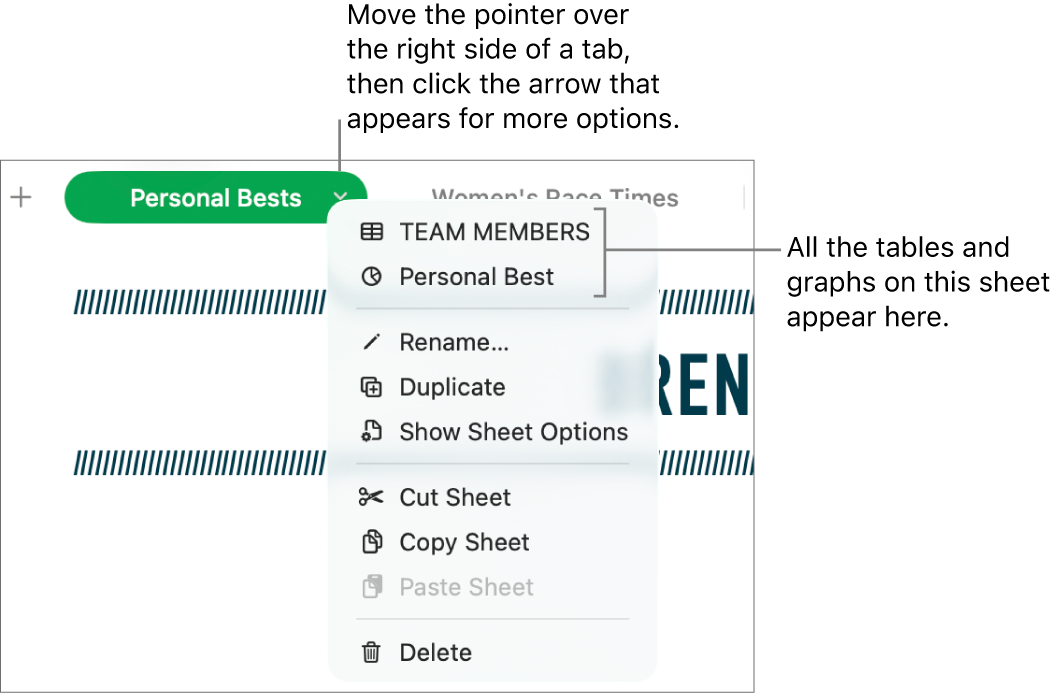 A spreadsheet tab with the shortcut menu open, showing options including Duplicate.
