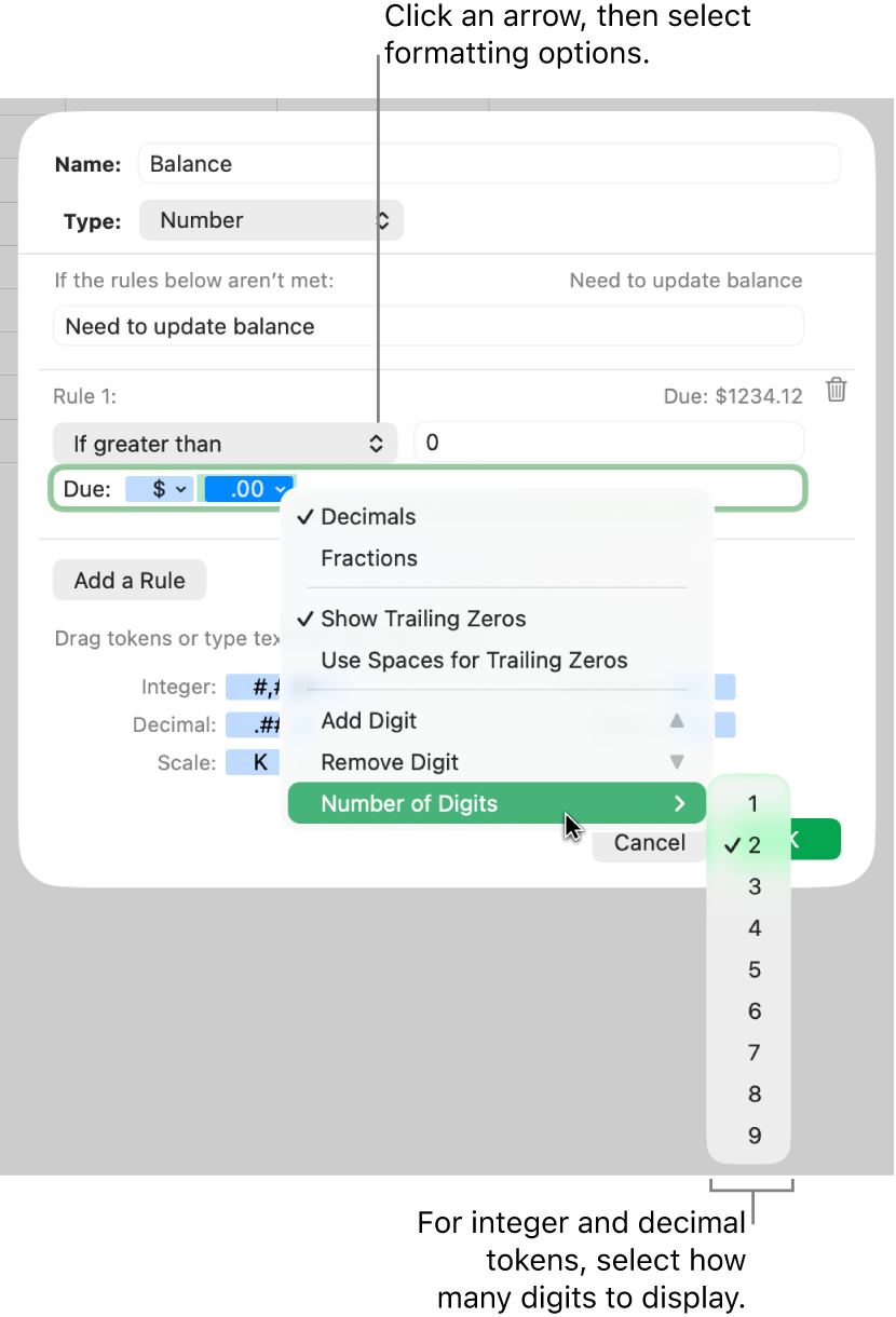 The custom cell format window with controls for choosing custom formatting options.