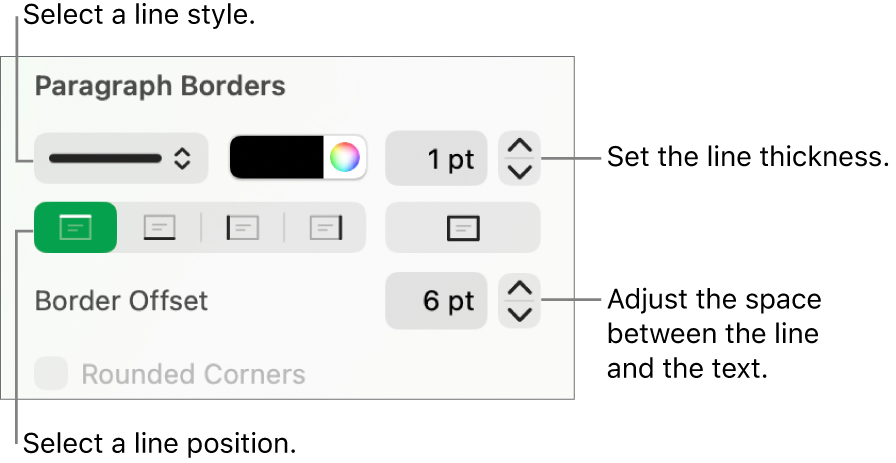 Controls to change the line style, thickness, position and colour.