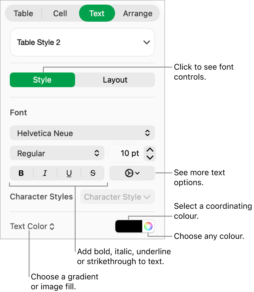 The controls for styling table text.