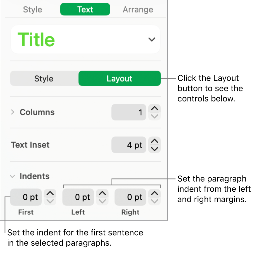The Layout section of the Format sidebar showing controls for setting the first line indent and paragraph margins.