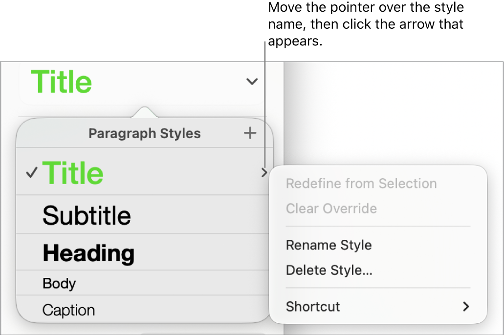 The Paragraph Styles menu with the shortcut menu open.