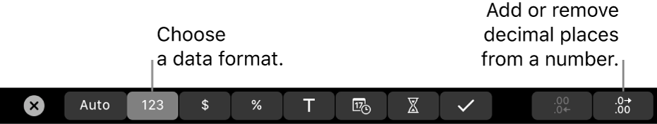 The MacBook Pro Touch Bar with controls for choosing a data format and adding or removing decimal places from a number.