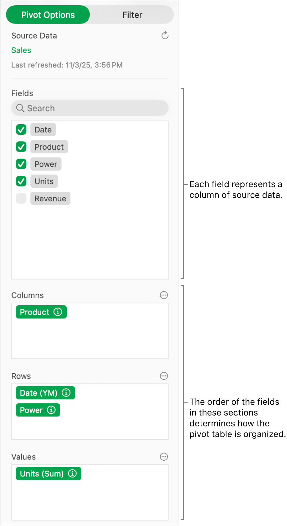 The Pivot Options menu showing fields in the Columns, Rows, and Values sections, as well as controls to edit the fields and refresh the pivot table.