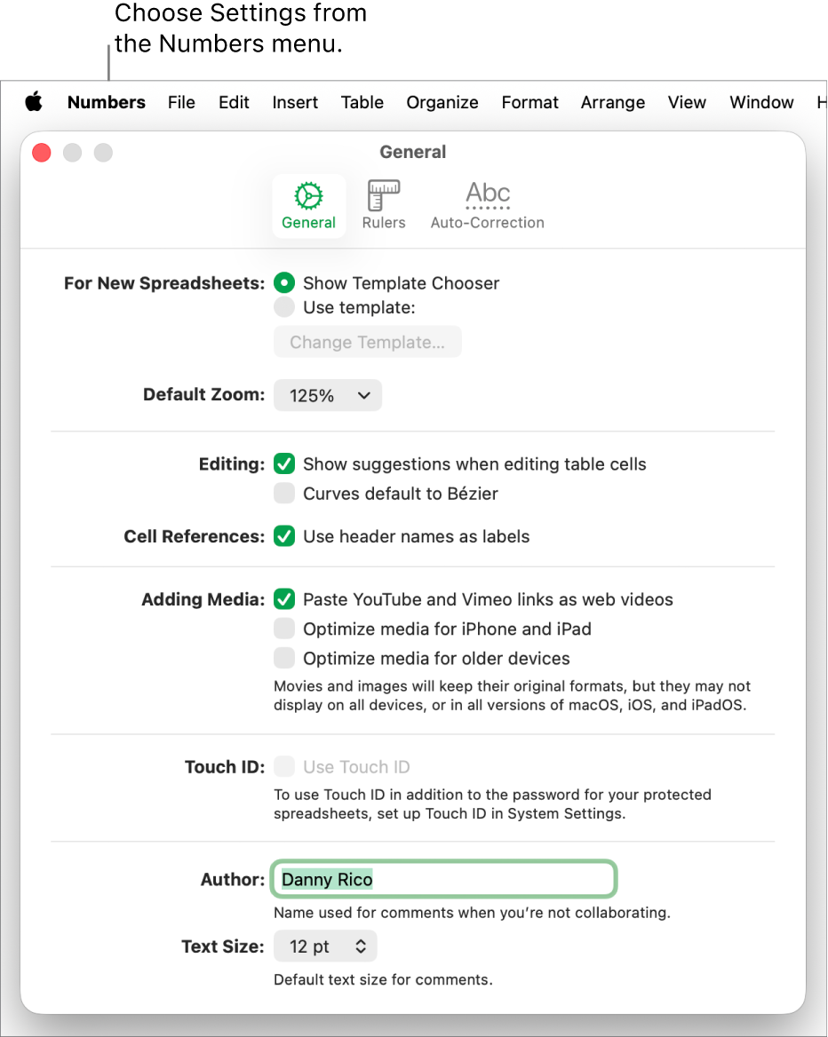 Numbers settings window open to the General pane, with settings for new spreadsheets, default zoom, editing, cell references, equations, adding media, Touch ID, author name, and default text size.