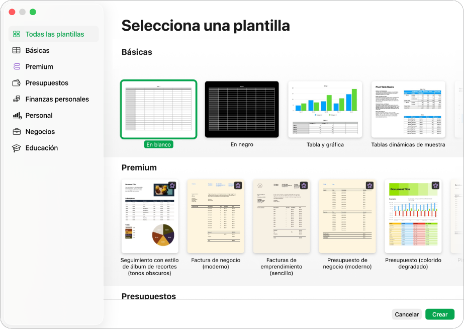El selector de plantilla. A la izquierda aparece una barra lateral que muestra categorías de plantillas en las que puedes hacer clic para filtrar las opciones. A la derecha hay miniaturas de plantillas prediseñadas ordenadas en filas por categorías.