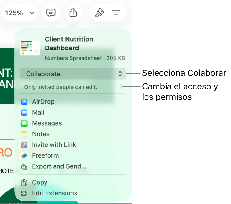El menú Compartir con la opción Colaborar seleccionada en la parte superior y los ajustes de acceso y permisos debajo.