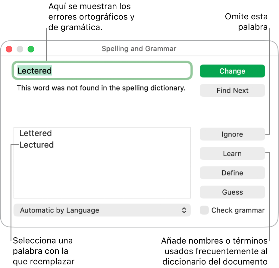 La ventana “Ortografía y gramática”.