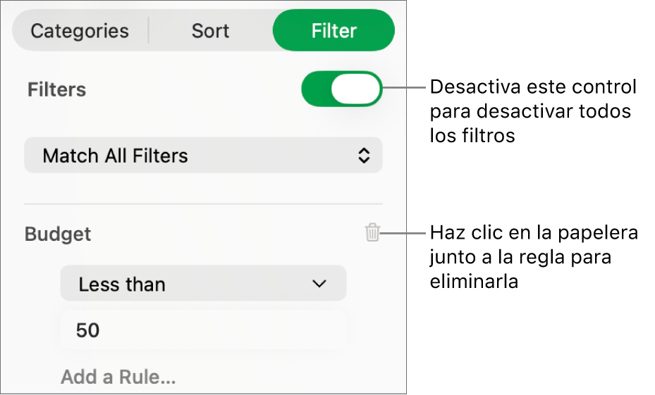 Controles para eliminar un filtro o desactivar todos los filtros.
