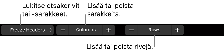 MacBook Pron Touch Bar, jossa on säätimet otsakerivien tai -sarakkeiden lukitsemiseen, sarakkeiden lisäämiseen tai poistamiseen ja rivien lisäämiseen tai poistamiseen.