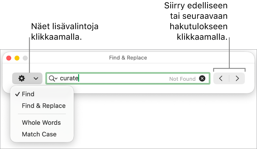 Etsi ja korvaa -ikkuna, jonka ponnahdusvalikossa näytetään valinnat Etsi, Etsi ja korvaa, Kokonaisia sanoja ja Sama kirjainkoko. Oikealla olevilla nuolilla voi siirtyä edelliseen tai seuraavaan hakutulokseen.