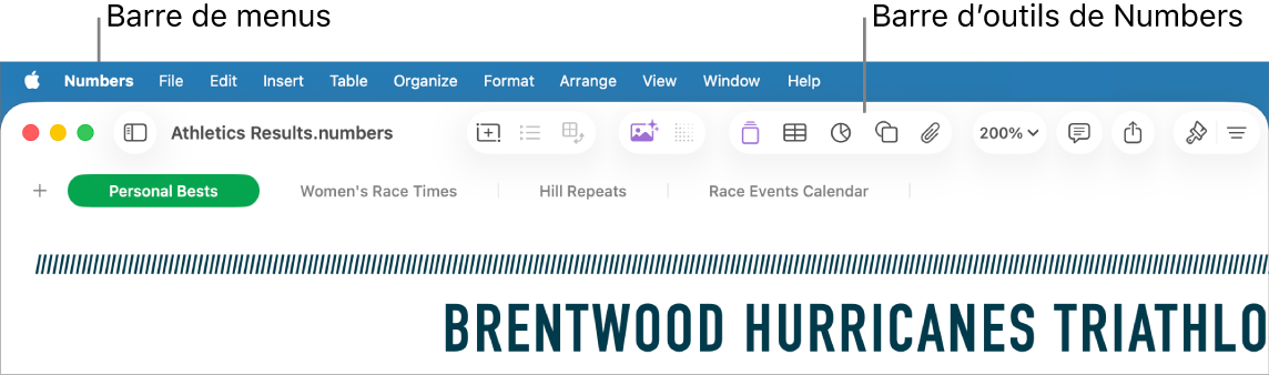 La barre des menus en haut de l’écran avec les menus Apple , Numbers, Fichier, Édition, Insertion, Tableau, Organiser, Format, Disposition, Présentation, Fenêtre et Aide. Feuille de calcul Numbers ouverte sous la barre des menus avec, tout le long du bord supérieur, les boutons Présentation, Zoom, Ajouter une catégorie, Tableau croisé dynamique, Insérer, Tableau, Graphique et Texte.