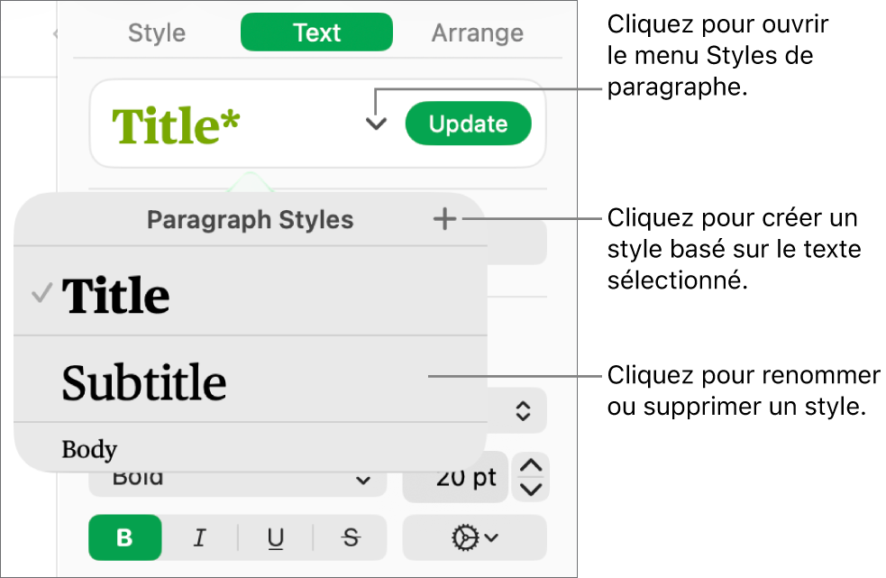 Le menu Styles de paragraphe, affichant des commandes pour ajouter ou modifier un style.