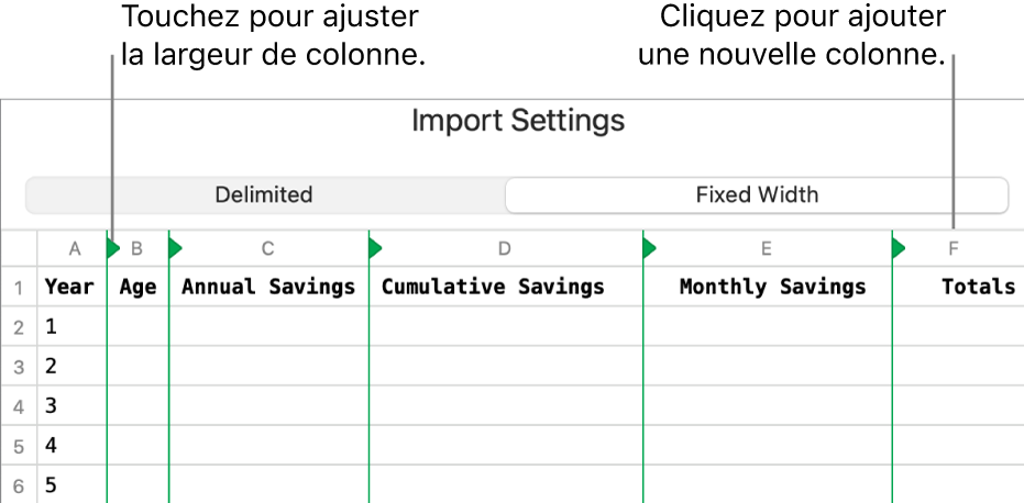Réglages d’importation d’un fichier texte à largeur fixe.