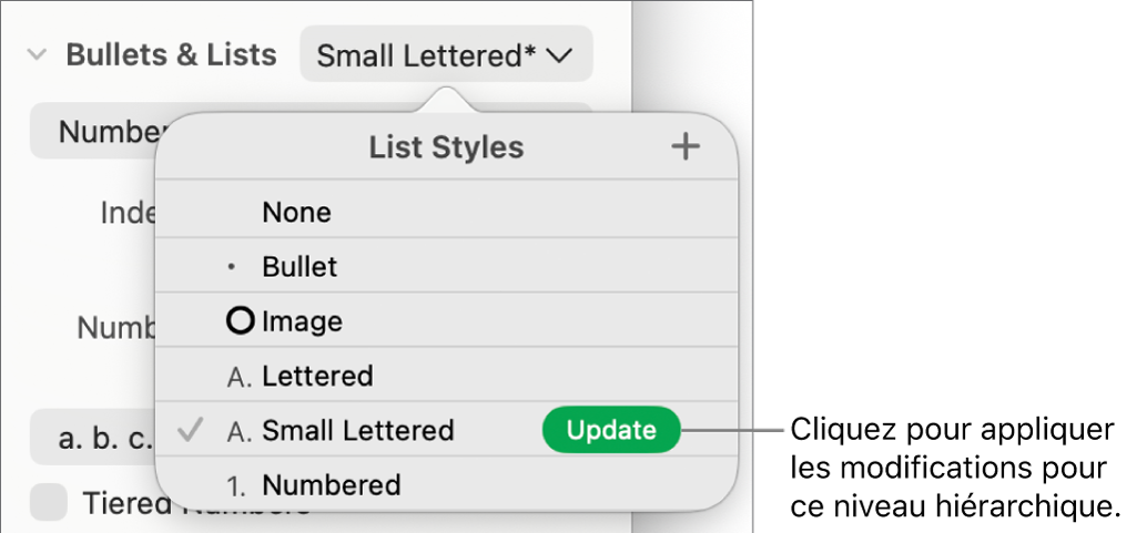 Menu contextuel Styles de liste avec un bouton Mettre à jour situé à côté du nom du nouveau style.