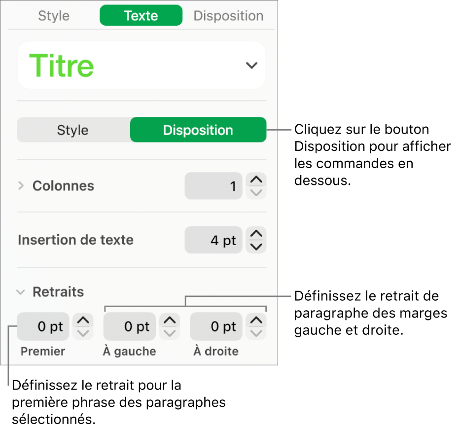 La section Disposition de la barre latérale Format, présentant les commandes définissant le retrait de première ligne et les marges de paragraphe.