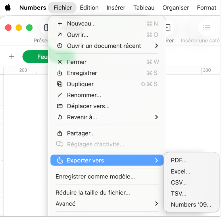 Le menu Fichier ouvert avec l’option « Exporter vers » sélectionnée, le sous-menu correspondant affichant les options d’exportation aux formats PDF, Excel et CSV.