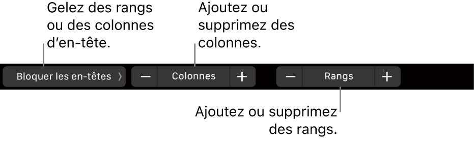 La Touch Bar d’un MacBook Pro avec les commandes pour bloquer des rangs ou colonnes d’en-têtes, ajouter ou supprimer des colonnes et ajouter ou supprimer des rangs.