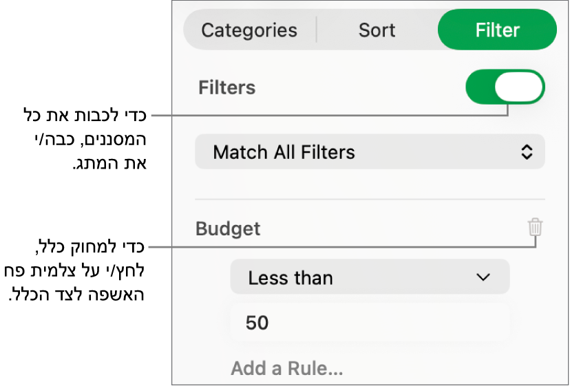 כלי בקרה למחיקת מסנן או לביטול כל המסננים.