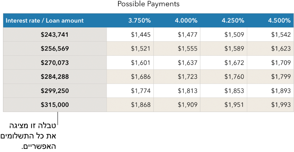 טבלת תשלומי משכנתא מוצגת, לפני הסינון לפי שערי ריבית שניתן לעמוד בהם.
