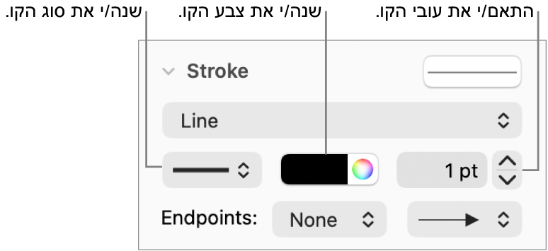 כלי הבקרה של משיחת קו להגדרת נקודות קצה, עובי קו וצבע.