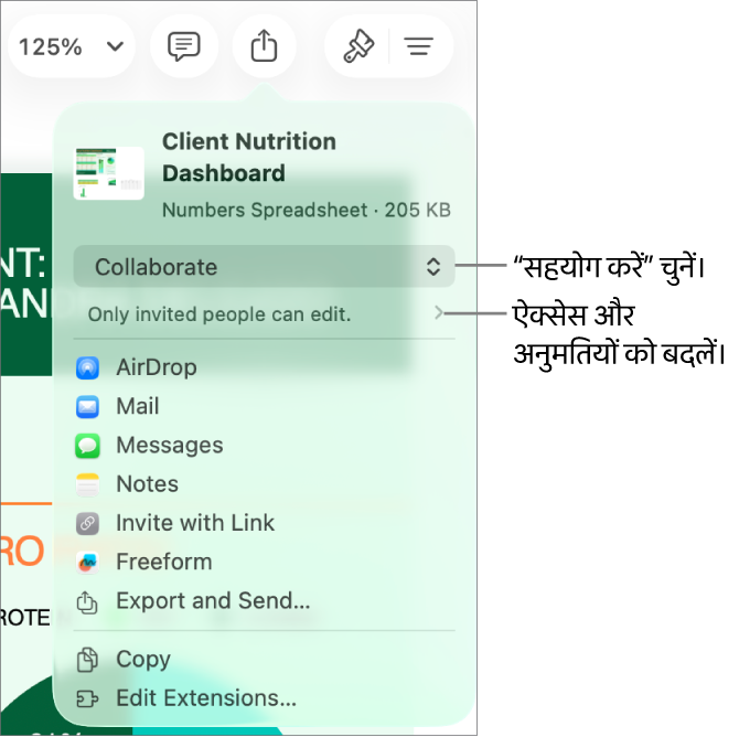 “शेयर करें” मेनू और शीर्ष पर “सहयोग करें” तथा नीचे ऐक्सेस और अनुमतियाँ चुनी हुई हैं।