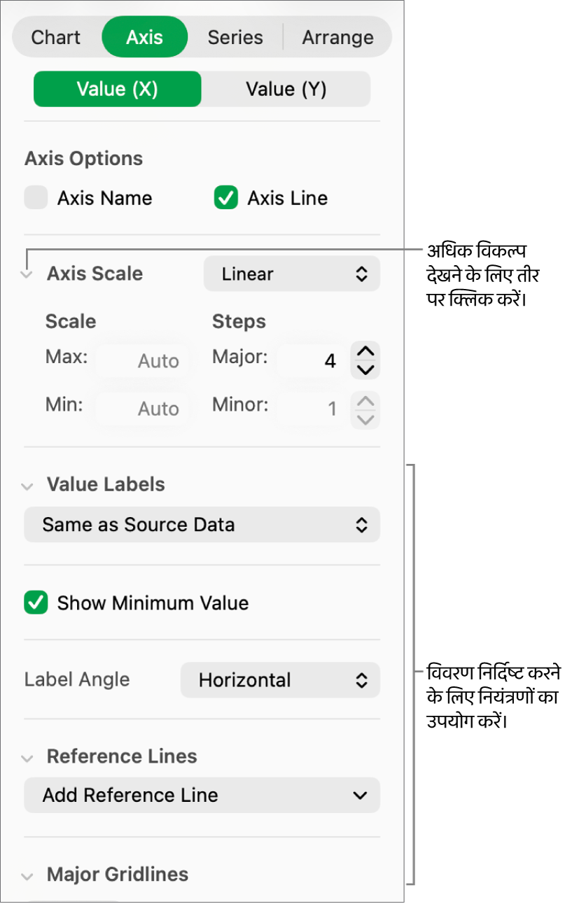 चार्ट अक्ष चिह्नों के फ़ॉर्मैट के लिए नियंत्रण।