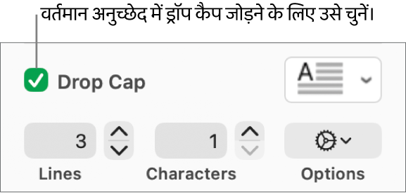 ड्रॉप कैप चेकबॉक्स चुना जाता है, और उसके दाईं ओर पॉप-अप मेनू दिखाई देता है; पंक्ति ऊँचाई, वर्णों की संख्या के नियंत्रण और अन्य विकल्प उसके नीचे दिखाई देते हैं।