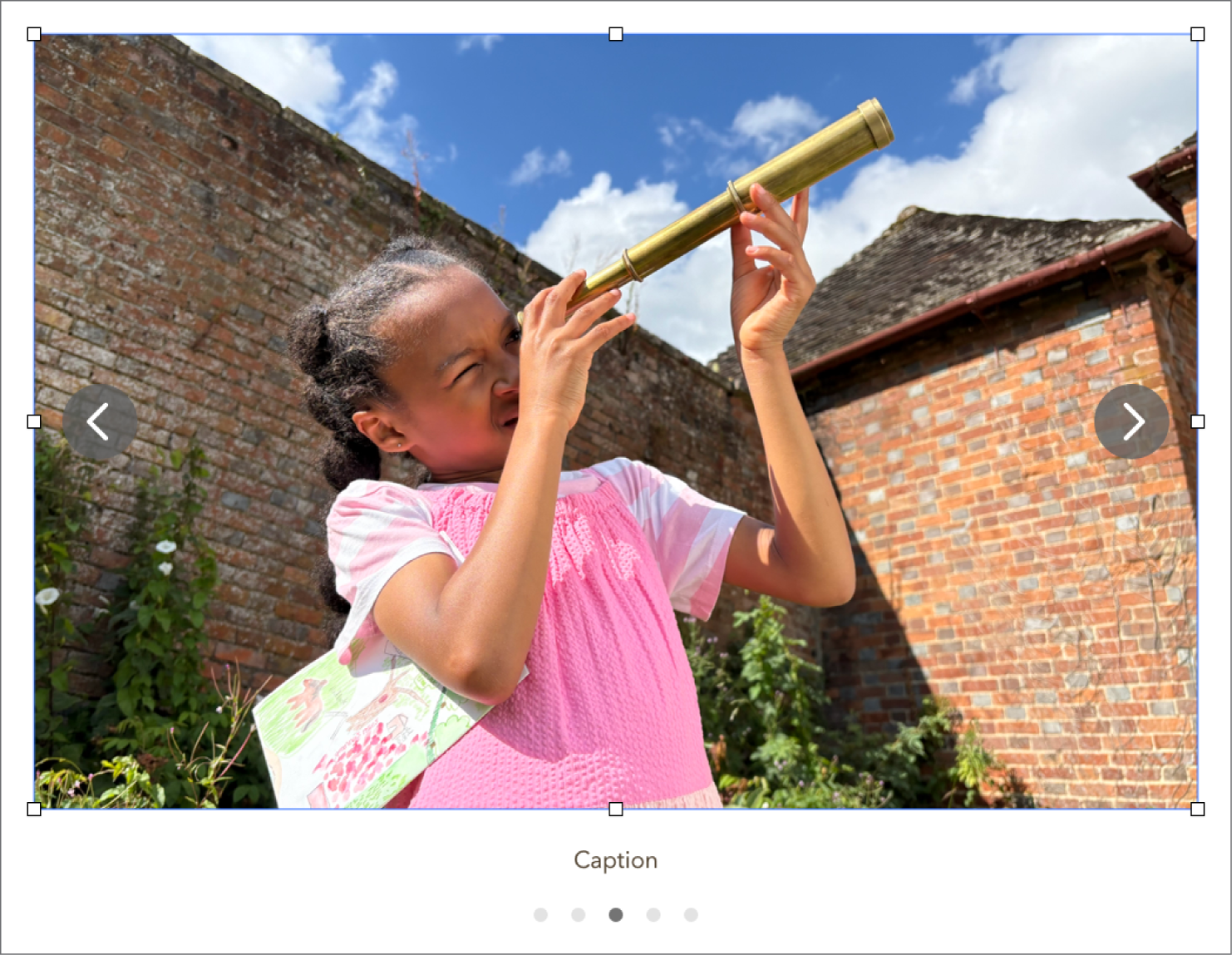 Objekt iz galerije slika s pet slika, opisom ispod nje te strelicama za navigaciju s lijeve i desne strane slike.