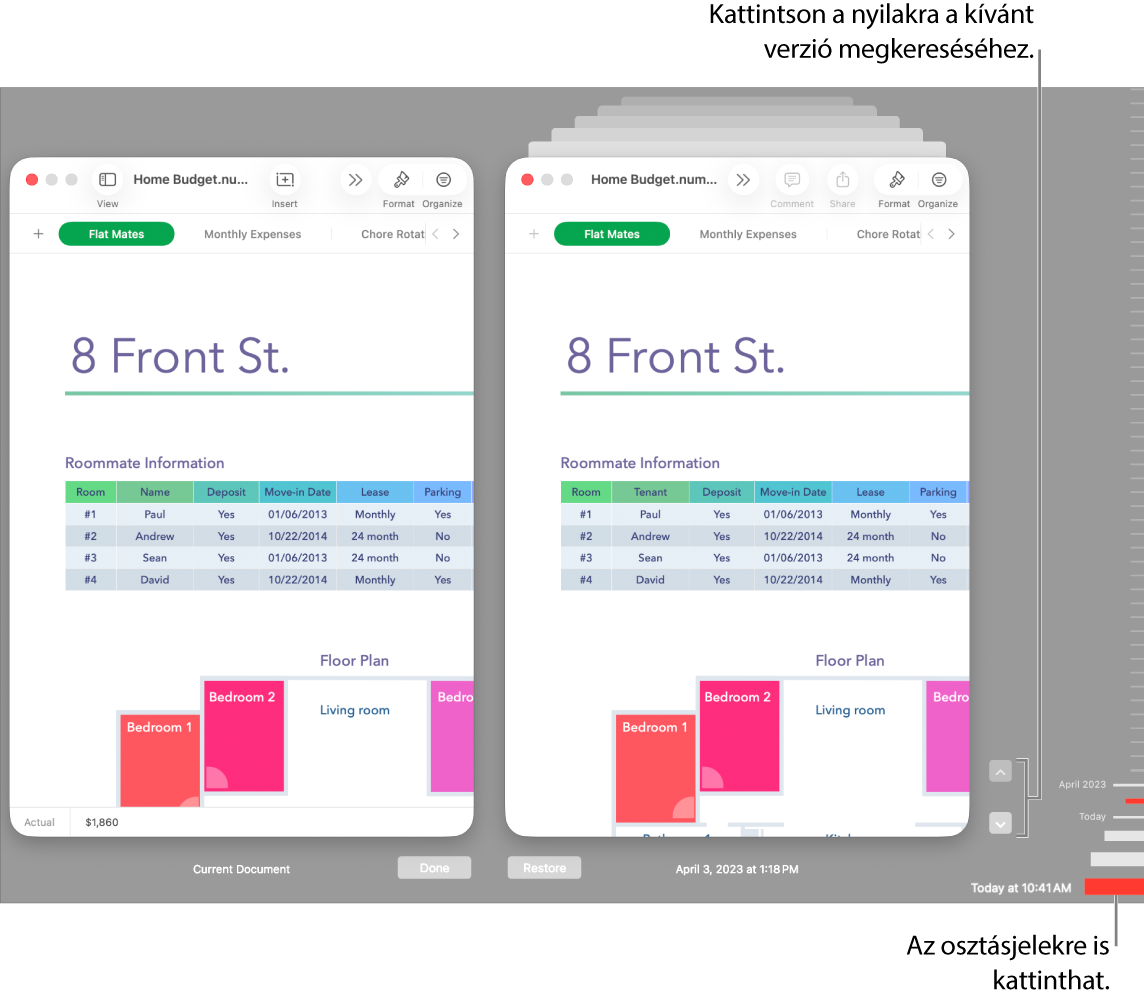 A Visszaállítás ablak a tallózható verziókkal.